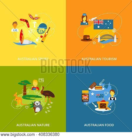 Australia Travel Icons Flat Set With Australian Sport Tourism Nature Food Isolated Vector Illustrati