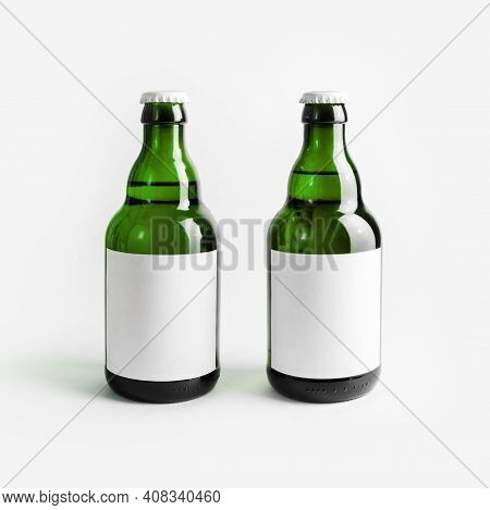 Two Green Beer Bottles With Blank Labels. Responsive Design Mockup.