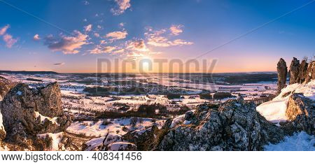 Panoramic View Of Winter Landscape From Mountain Walberla In Franconian Switzerland
