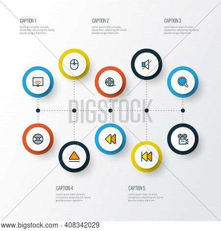 Music Icons Colored Line Set With Eject, Search, Rewind And Other Control Device Elements. Isolated 