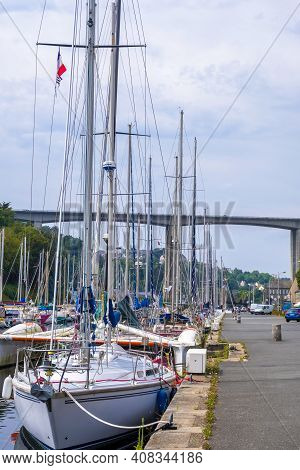 Saint-brieuc, France - August 27, 2019: Legue Port In Plerin In The Background The Viaduct Spanning 
