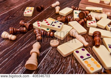 A Variety Of Board Game Pieces. A Background Miscellaneous Board Game Pieces
