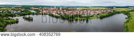 Aerial Panoramic View Of Papez Pond And Downtown Of Dobris In Czech Republic