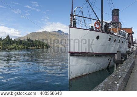 Queenstown New Zealand - March 1 2015; Tss Earnslaw Tourist Passenger Classic Steamship At Wharf Pre