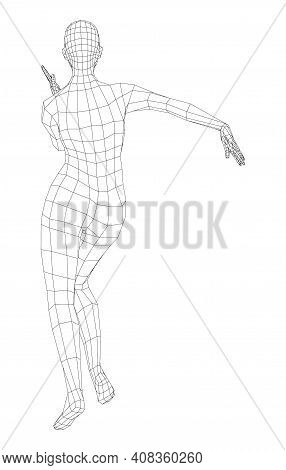 Wireframe Ballerina Or Dancer In Dance Pose. Female Dancing Salsa. Vector 3d Rendering