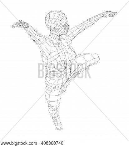 Wireframe Ballerina Or Dancer In Dance Pose. Vector 3d Rendering