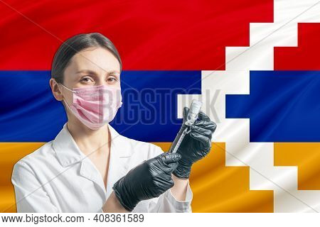 Girl Doctor Prepares Vaccination Against The Background Of The Nagorno-karabakh Republic Flag. Vacci