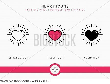 Heart Icons Set Vector Illustration With Solid Icon Line Style. Wedding Love Romance Concept. Editab