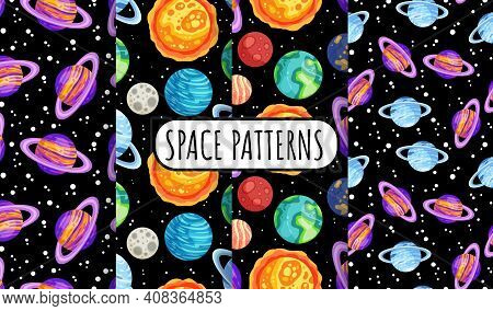Set Of Space Seamless Pattern Background With Planets. Collection Of Cosmos Solar System Planets Chi