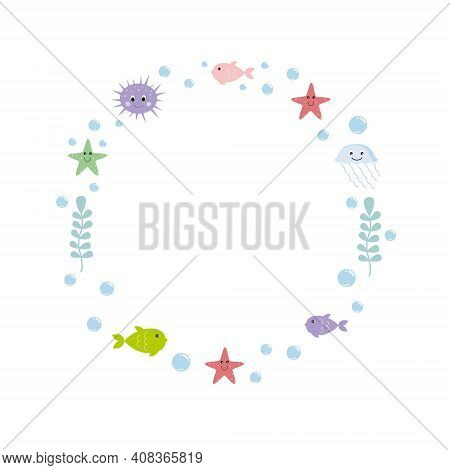 Vector Round Frame With Sea Life And Sea Waves. World Ocean Day. Children's Cartoon Illustration For