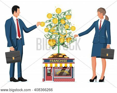 Successful Franchise Business With Money Tree. Franchising Shop Building Or Commercial Property And 