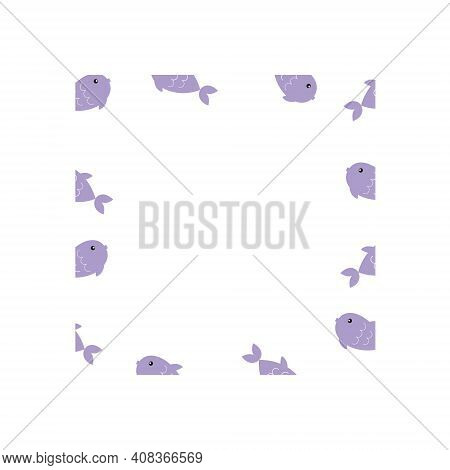 Vector Square Frame With Sea Life And Sea Waves. World Ocean Day. Children's Cartoon Illustration Fo