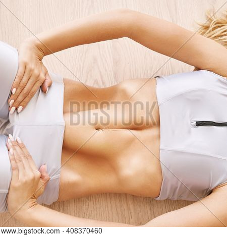 Young Pretty Woman Do Breathing Exercise. Home Sport Workout. Healthy Lifestyle. Long Blond Hair. Fe