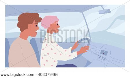 Happy Couple Traveling Together By Car On Holiday Trip. Woman Learning To Drive Auto With Smiling Fr