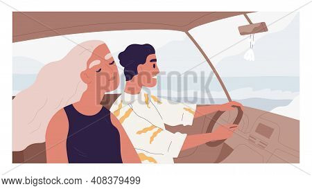 Romantic Couple Of Happy People Inside Car. Friends Enjoying Road Trip On Summer Holiday. Side View 
