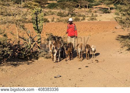 Axum, Ethiopia - Feb 11, 2020: Ethiopian People Seen On The Road From Axum To Gheralta, Tigray In No