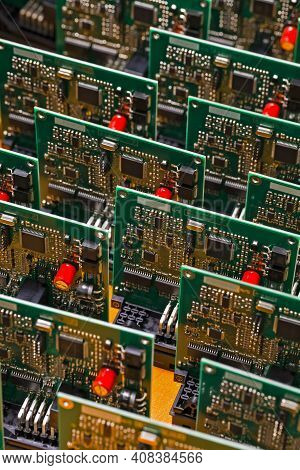 Electronic Ideas. Close-up Shoot Of Automotive Printed Circuit Boards With Soldered Smd Or Surface M