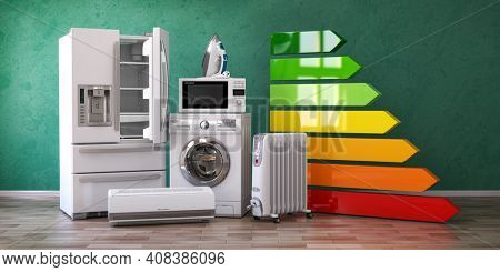 Energy efficiency of home kitchen appliances concept. 3d illustration