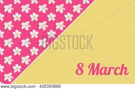 A Pattern Of White Flowers Of An Apple Tree On A Bright Pink And Light Background. Copspace. View Fr