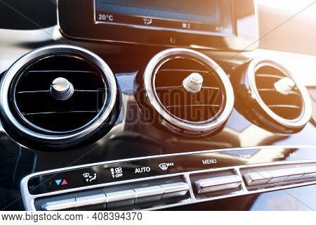 Ac Ventilation Deck In Luxury Modern Car Interior. Modern Car Black Leather Interior. Natural Wood P