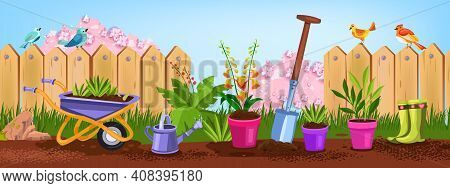 Spring Garden, Summer Backyard Vector Nature Illustration With Flower Pots, Shovel, Fence, Birds, Bu
