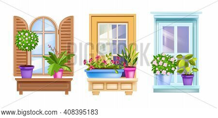 Vintage House Window Vector Set With Casements, Flowerpots, Blossom Home Plants, Sills, Frames. Arch