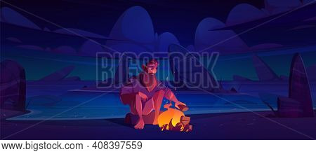 Alone Castaway Man On Uninhabited Island With Bonfire At Night. Vector Cartoon Illustration Of Deser