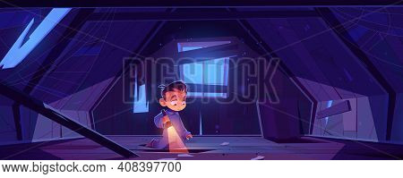 Kid In Abandoned House Attic At Night, Little Boy In Pajama With Flashlight Explore Old Mansard Room