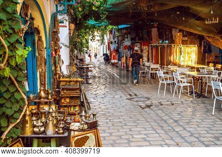 Mahdia, Tunisia - September 29, 2019: One Of Beautiful Streets Of Medina In Mahdia. Tunisia. Traditi