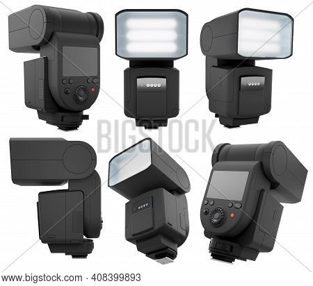 Camera External Flash Speedlight Isolated On White Background With Clipping Path. 3d Rendering And I