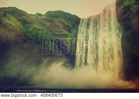 Scogafoss Waterfall In Iceland. Travel Summer Nordic Concept. Natural Icelandic Background.