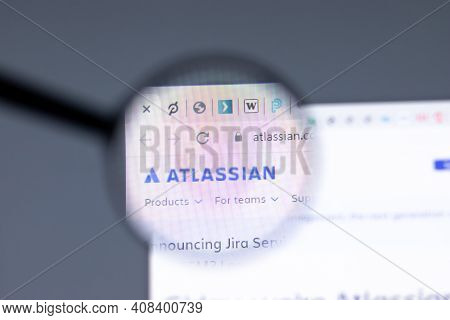 New York, Usa - 15 February 2021: Atlassian Website In Browser With Company Logo, Illustrative Edito