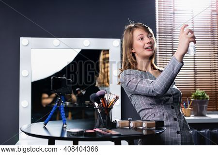 Attractive Blonde Videoblogger, Beauty Blogger, Records Video Blog About The Care Of The Skin And Co