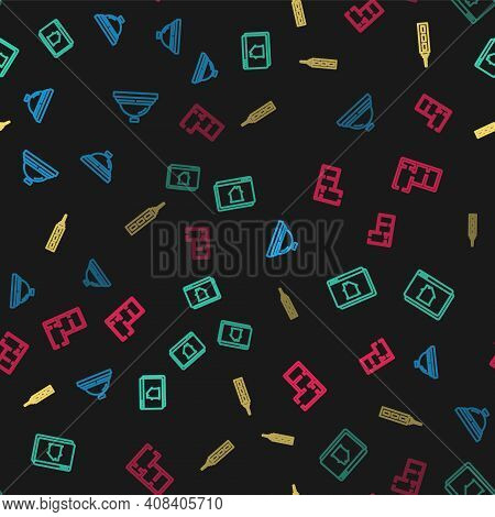 Set Line Hotel Service Bell, Online Real Estate House, Skyscraper And House Plan On Seamless Pattern