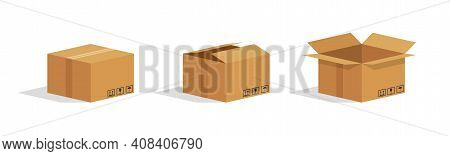 Cardboard Box. Open And Closed Parcel. Isometric Carton Box. Brown Package For Goods. Paper Cube For