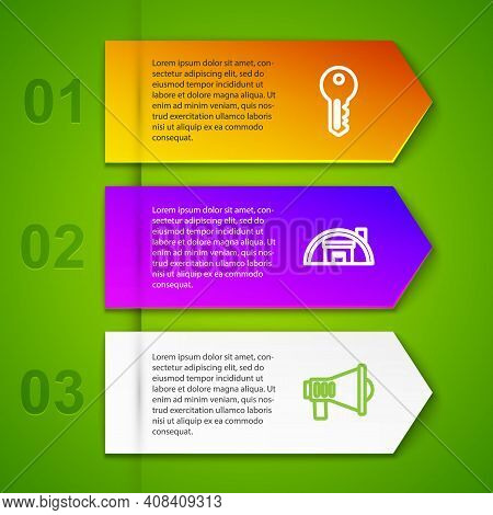 Set Line House Key, Warehouse And Megaphone. Business Infographic Template. Vector