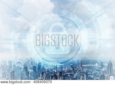 Global Cybersecurity Mixed Media With Virtual Locking Padlock On Cityscape Background. Data Cryptogr