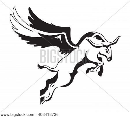 Black And White Vector Winged Bull For Logo Or Tattoo.
