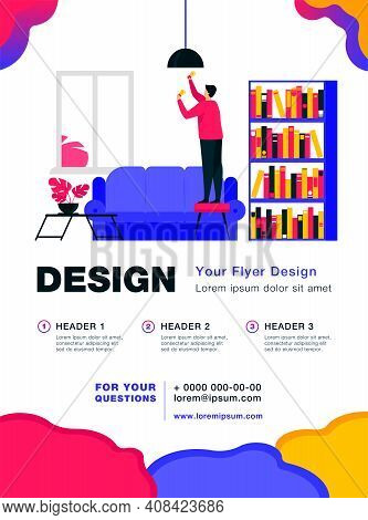 Man Inserting Light Bulbs Into Chandelier. Repair, Lighting. Flat Vector Illustration. Housekeeping 
