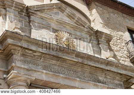 Solsona - Lleida, Spain - Jul 8, 2020: Detail Of The Portal Del Pont, The Bridge Gateway Is The Main