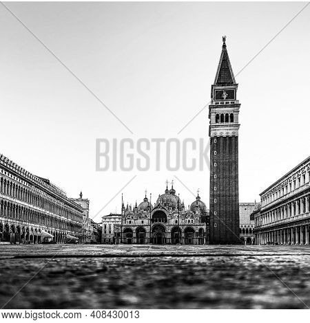 black and white photography of Basilica of Saint Mark and deserted San Marco Square during the crisis COVID-19