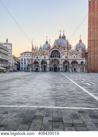 Basilica of Saint Mark and deserted San Marco Square during the crisis COVID-19