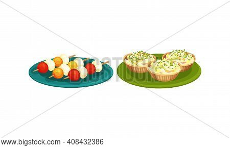 Finger Foods With Stuffed Tartlet And Canape On Skewer As Small Portion Of Food Vector Set