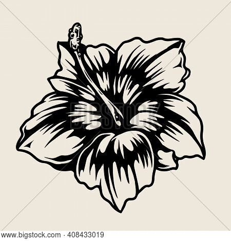 Vintage Template Of Blooming Hibiscus Flower In Monochrome Style Isolated Vector Illustration