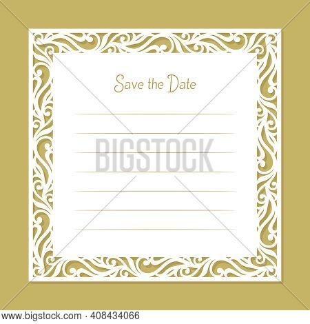 Card With A Carved Openwork Edge. Border With An Ornament Of Curls, Leaves. White Blank For Wedding 