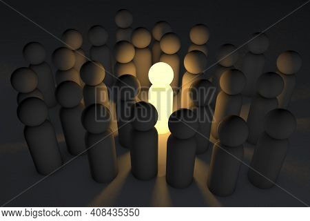 A Unique Leader In A Crowd Of Followers, A Unique Idea. Leader Of Opinions. 3d Render.