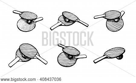 Ping-pong Rackets And Ball Hand Drawn Outline Sketch Icon Set. Table Tennis Equipment. Ping Pong Gam