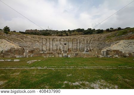 Bodrum, Turkey. 02 March 2016: Ruins Of Bodrum Antique Theatre Halikarnassos Ancient City In Turkey.