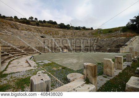 Bodrum, Turkey. 02 March 2016: Ruins Of Bodrum Antique Theatre Halikarnassos Ancient City In Turkey.