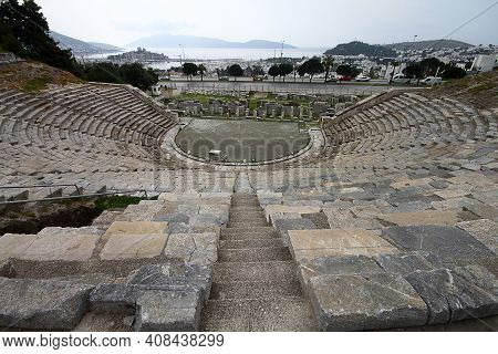 Bodrum, Turkey. 02 March 2016: Ruins Of Bodrum Antique Theatre Halikarnassos Ancient City In Turkey.